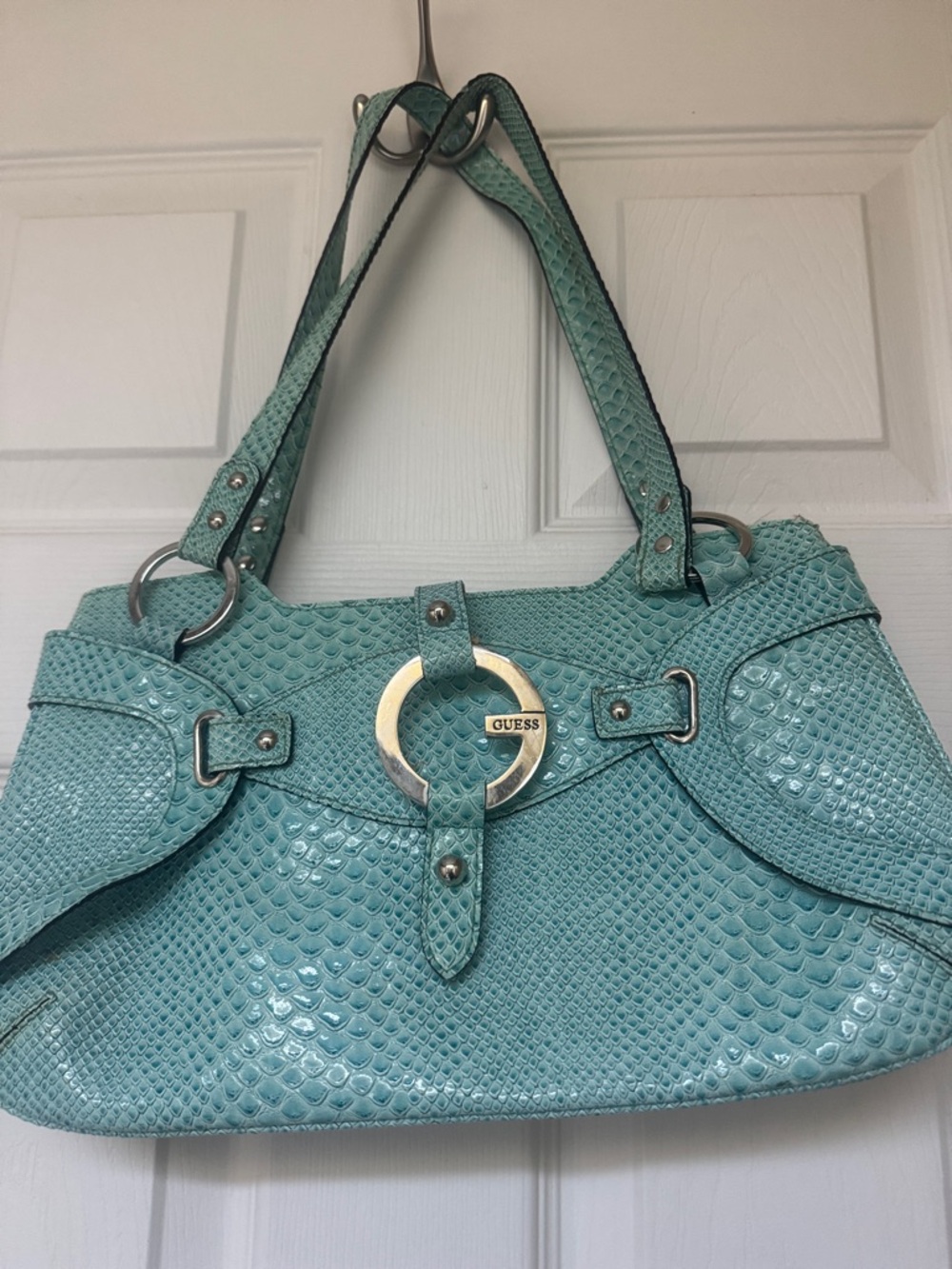 GUESS Teal Snake-Embossed Shoulder Tote with Gold Ring